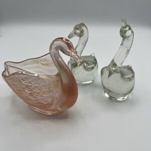 Lot Of Glass Swans Imperial Pink Carnival Iridescent Swan Candy Trinket Dish AC